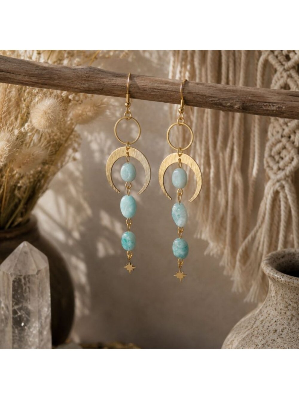 Amazonite Moon Earrings, Celestial Dangle Earrings, Natural Amazonite Jewelry - Picture 3 of 7